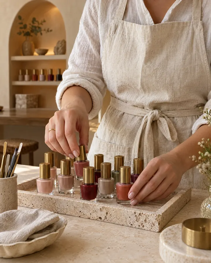 A manicurist arranging lacquer bottles on a travertine tray