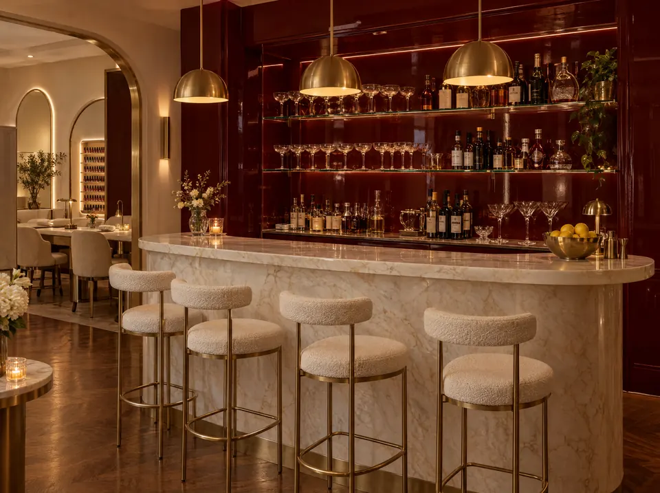 Le Bar: a cream marble counter before a cherry-lacquered wall