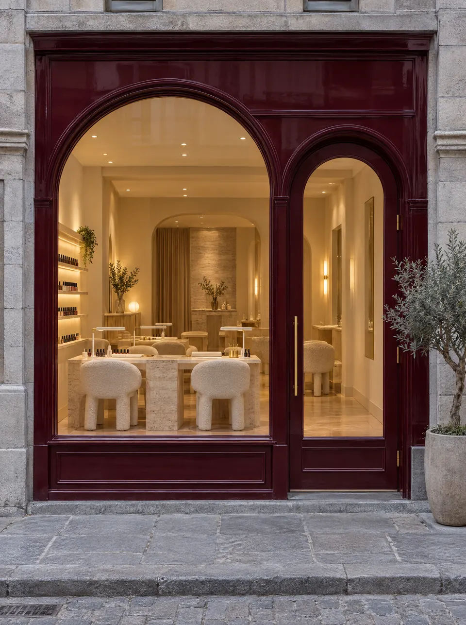 The Maison Vernis atelier on rue Saint-Paul: an arched window and door lacquered in cherry-oxblood, warm light inside